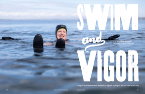 A swimmer floating in the water alongside the title of our print article Swim and Vigor