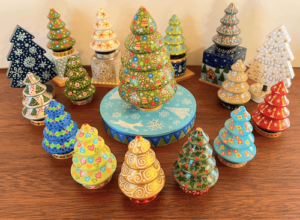 small wooden painted Christmas trees