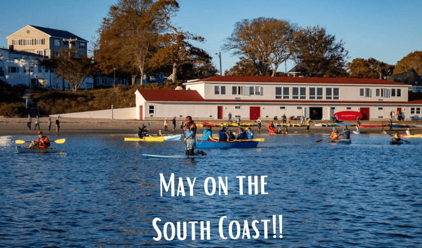 A view of the Onset Bay Center from the water with title "May on the South Coast"