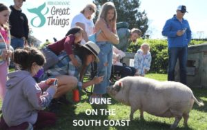 Adults and children gathered around a pig at West Place