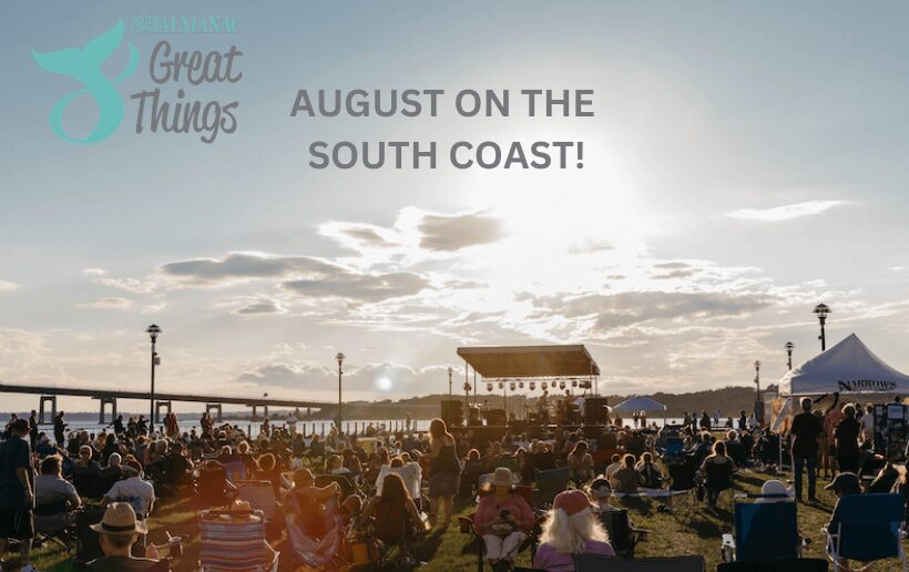 scene from a Narrows Musicfest with 8 Great Things logo and "August on the South Coast"