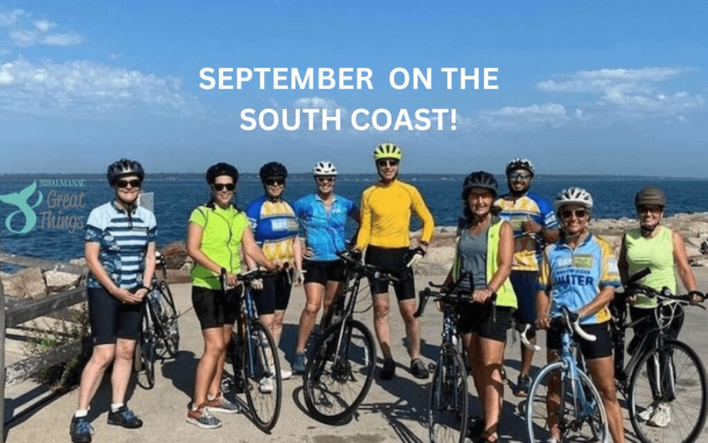 Bike riders in front of the water with title: September on the South Coast