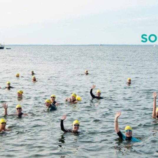 Swimmers, waving from the water