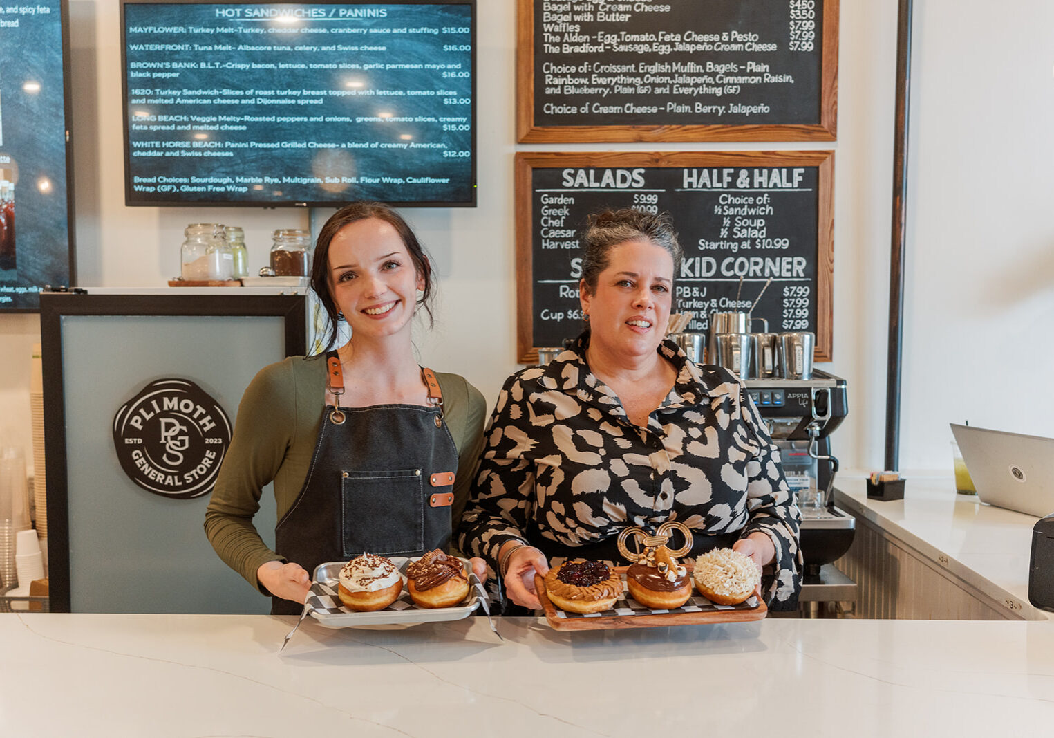 Barista with Tatum Steward at the counter of Plimoth General Store