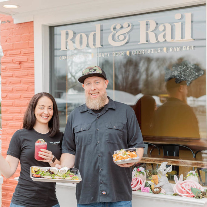 Jen and Matt outside their restaurant, Rod & Rail