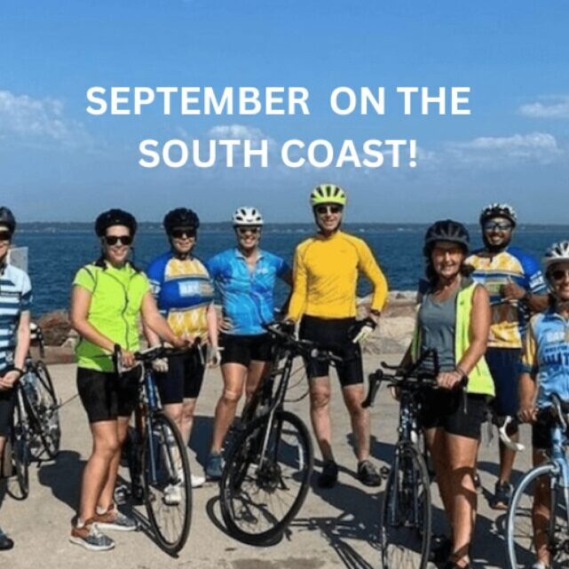 Bike riders in front of the water with title: September on the South Coast