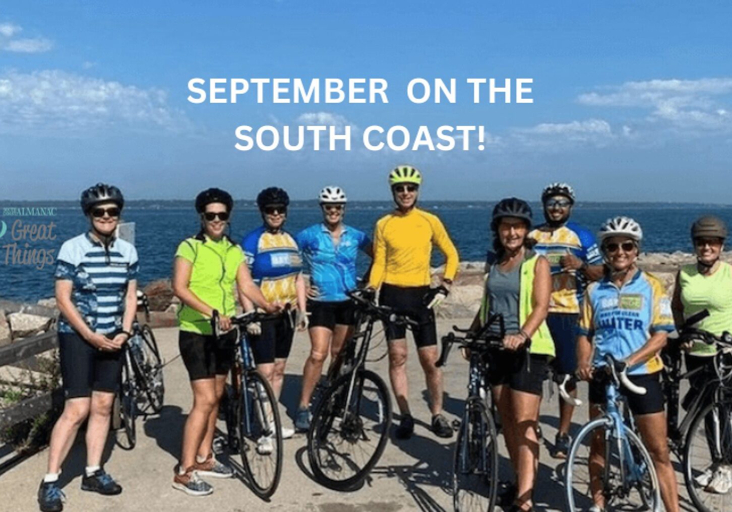 Bike riders in front of the water with title: September on the South Coast