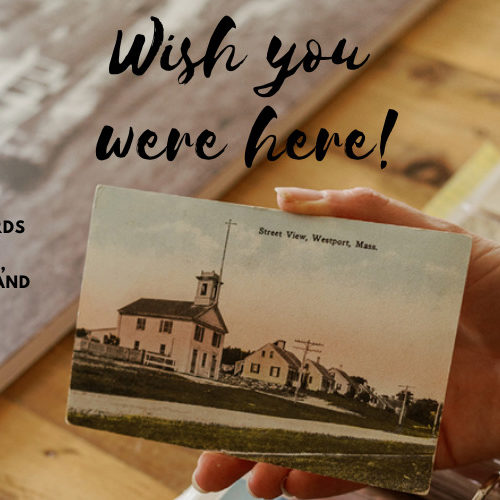 Someone holding a vintage postcard and the title: Wish you were here! Local postcards and the motivations, inspiration and stories of their collectors