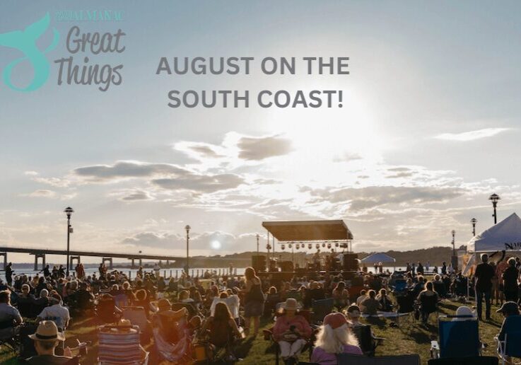 scene from a Narrows Musicfest with 8 Great Things logo and "August on the South Coast"