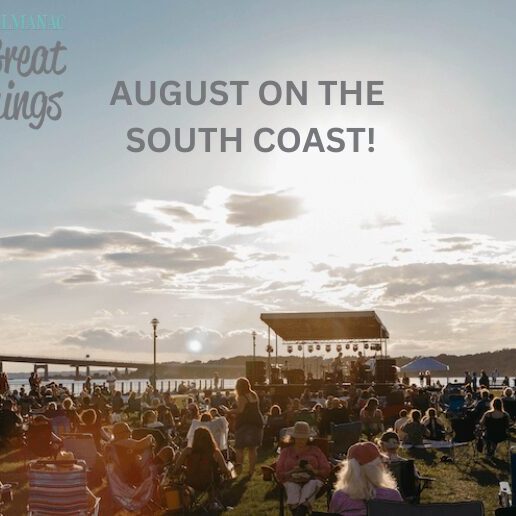 scene from a Narrows Musicfest with 8 Great Things logo and "August on the South Coast"