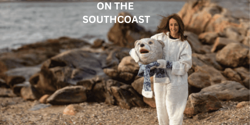 January on the South Coast (title, with a photo of the shoreline and a woman dressed as a polar bear)