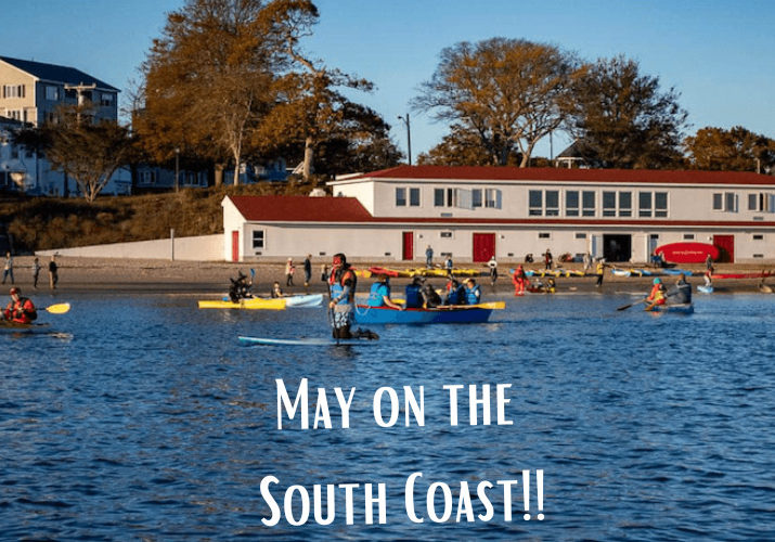 A view of the Onset Bay Center from the water with title "May on the South Coast"